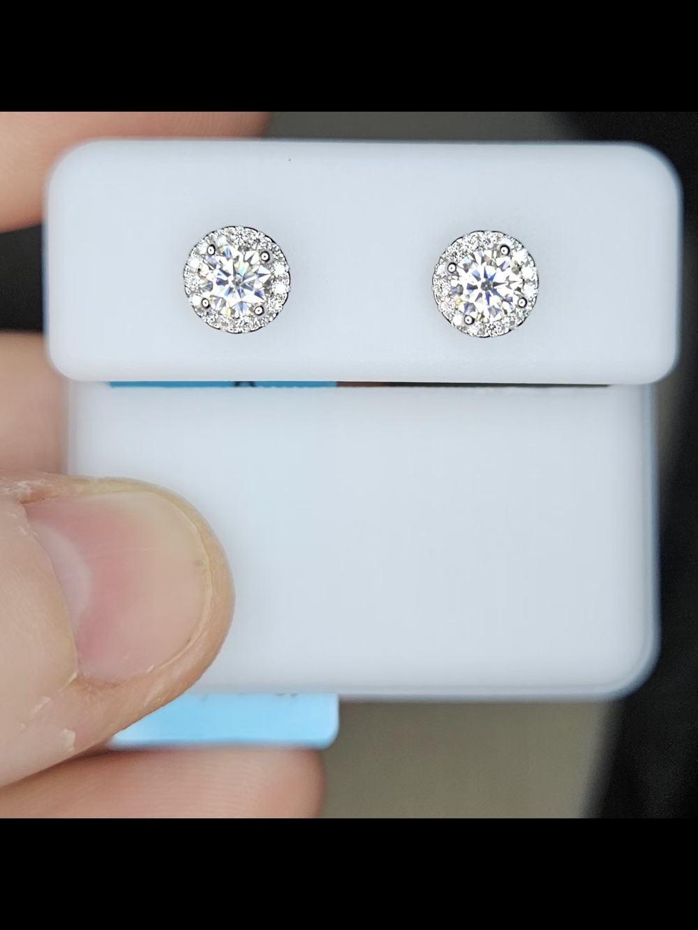 925 Sterling Silver Moissanite Halo Round Stud Earrings - Picture 5 of 10